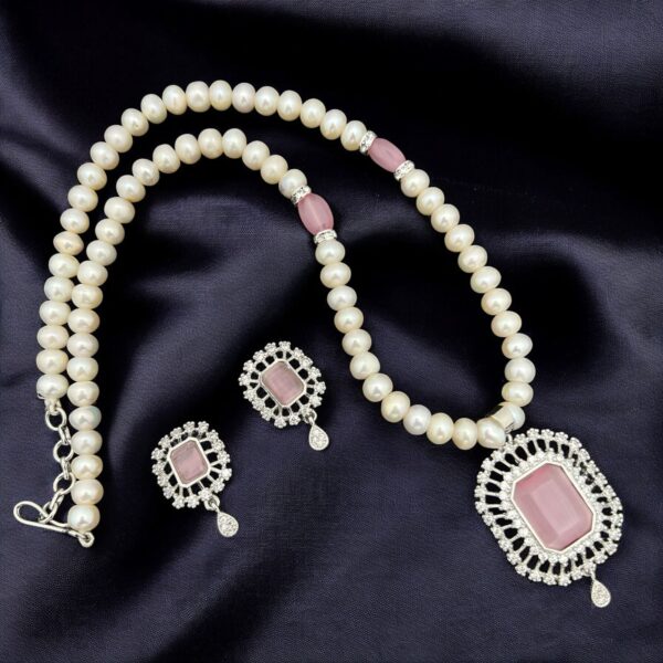 Pearl Perfection: Freshwater Pearl & CZ Pendant Set – Silver/Gold Finish - Image 2