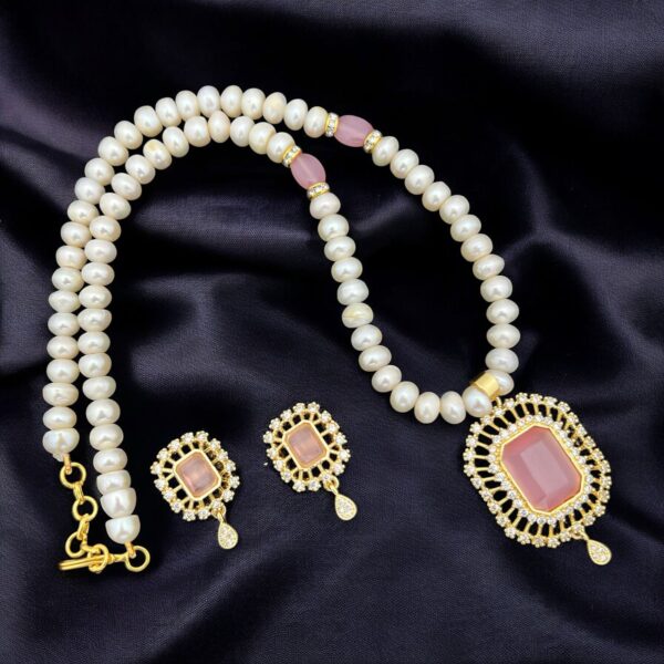 Pearl Perfection: Freshwater Pearl & CZ Pendant Set – Silver/Gold Finish - Image 4